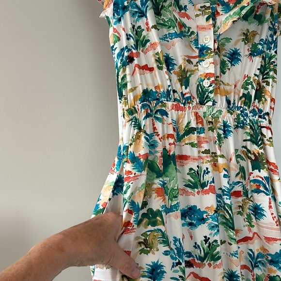 Donna Morgan Watercolor Print Ruffle Neck Tiered Dress w Pockets & Ruffle Hem - Picture 8 of 16